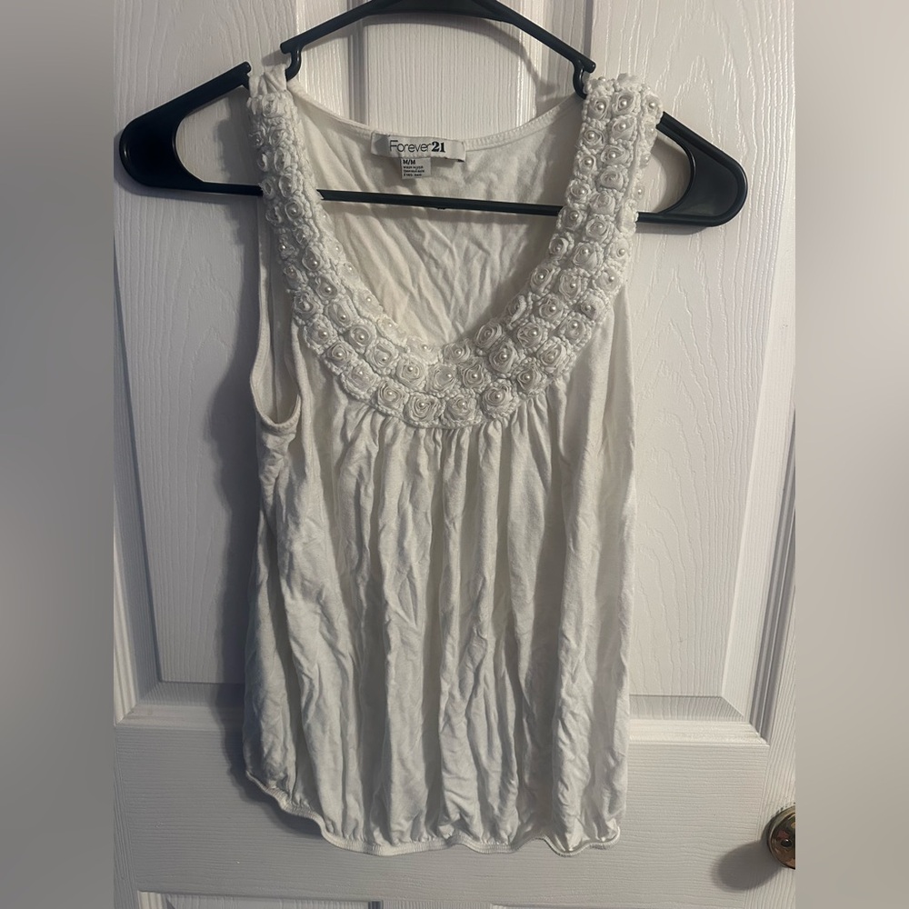 Forever 21 White Ruffled Tank Top